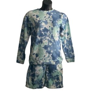 FB 2-Piece Blue White Green Tie Dye Sweat Short Set Drawstring Pockets SZ Med